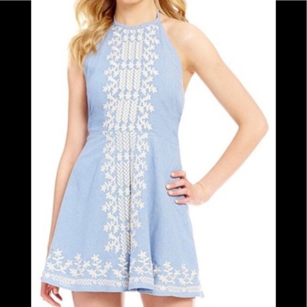 Embroidered Denim Halter Mini Dress